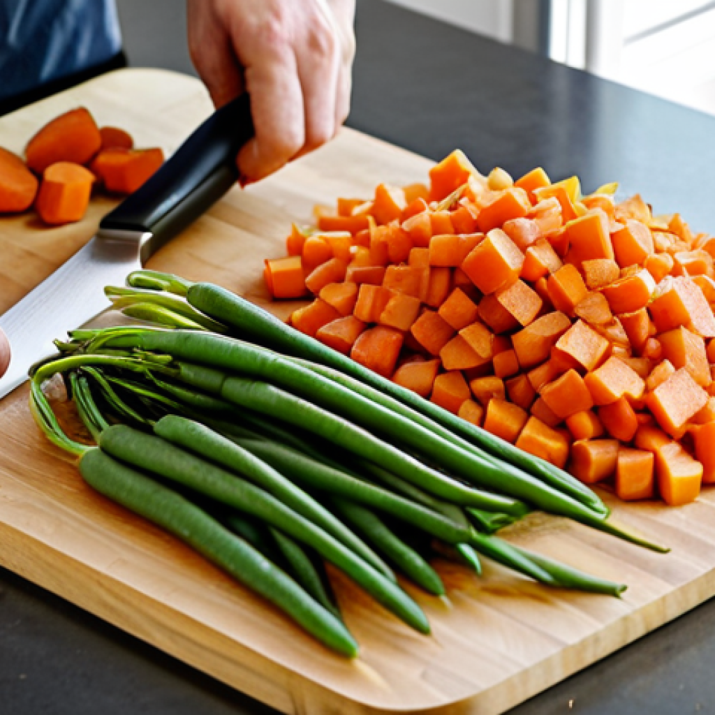 **

A close-up, overhead shot of perfectly diced vegetables (carrots, potatoes, green beans) on a clean wooden cutting board.  A gleaming chef's knife rests beside them.  In the background, a spotless kitchen counter with various spice containers.  Bright, natural lighting. Focus on precision and cleanliness. safe for work, appropriate content, fully clothed, professional, perfect anatomy, correct proportions, well-formed hands.

**