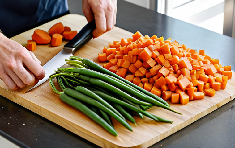 **

A close-up, overhead shot of perfectly diced vegetables (carrots, potatoes, green beans) on a clean wooden cutting board.  A gleaming chef's knife rests beside them.  In the background, a spotless kitchen counter with various spice containers.  Bright, natural lighting. Focus on precision and cleanliness. safe for work, appropriate content, fully clothed, professional, perfect anatomy, correct proportions, well-formed hands.

**