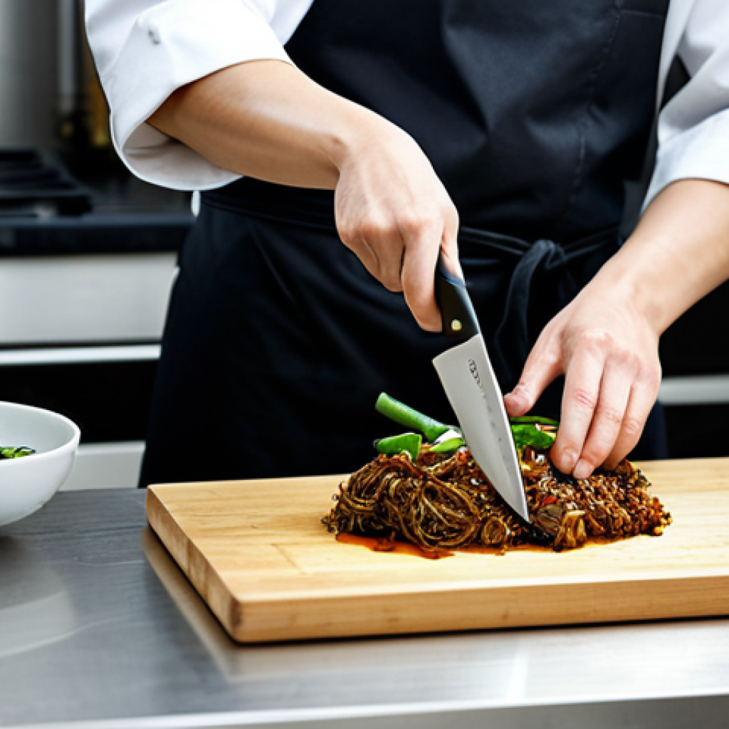 **

A professional chef in a clean and organized kitchen, fully clothed in chef's attire, preparing Korean cuisine. The kitchen features stainless steel appliances and neatly arranged ingredients. Focus on the chef's hands demonstrating knife skills. Safe for work, appropriate content, perfect anatomy, natural proportions, professional setting, modest clothing.

**