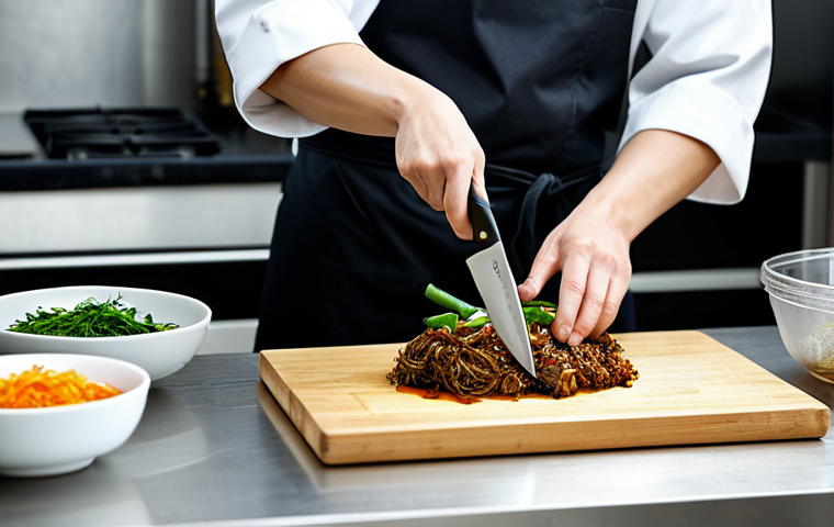 **

A professional chef in a clean and organized kitchen, fully clothed in chef's attire, preparing Korean cuisine. The kitchen features stainless steel appliances and neatly arranged ingredients. Focus on the chef's hands demonstrating knife skills. Safe for work, appropriate content, perfect anatomy, natural proportions, professional setting, modest clothing.

**