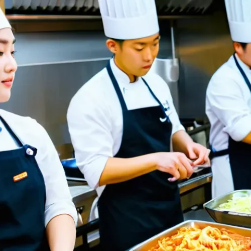 한식조리기능사 학원과 독학 비교 - **Prompt:** A diverse group of young adults, all wearing clean, professional chef's coats and aprons...