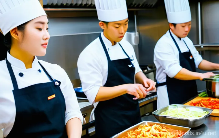 한식조리기능사 학원과 독학 비교 - **Prompt:** A diverse group of young adults, all wearing clean, professional chef's coats and aprons...