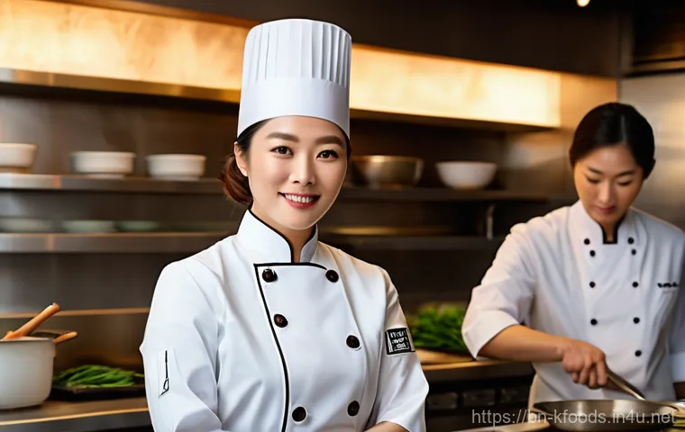 한식조리기능사 학원과 독학 비교 - **Prompt:** A diverse group of young adults, all wearing clean, professional chef's coats and aprons...