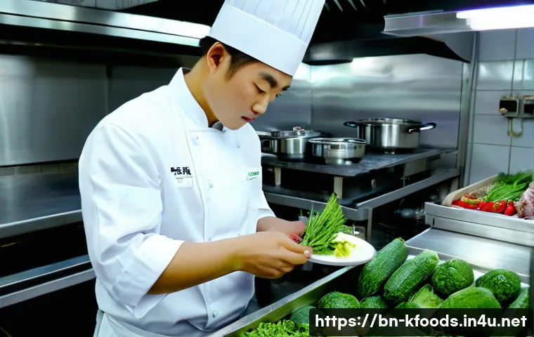 한식조리기능사 취득자의 실제 업무 사례 - A professional Korean cuisine chef in a modern restaurant kitchen, meticulously selecting fresh seas...