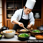 한식조리기능사 필기 요점 정리 PDF - A detailed and vibrant kitchen scene showcasing traditional Korean cooking methods, featuring a skil...