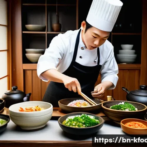 한식조리기능사 필기 요점 정리 PDF - A detailed and vibrant kitchen scene showcasing traditional Korean cooking methods, featuring a skil...