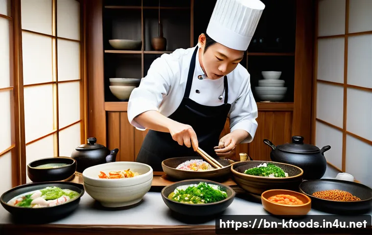 한식조리기능사 필기 요점 정리 PDF - A detailed and vibrant kitchen scene showcasing traditional Korean cooking methods, featuring a skil...