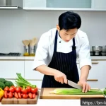 한식조리기능사 합격 후 현업 셰프의 조언 - A professional Korean chef in a modern kitchen meticulously preparing fresh vegetables with precisio...