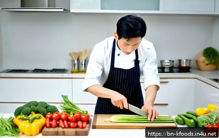 한식조리기능사 합격 후 현업 셰프의 조언 - A professional Korean chef in a modern kitchen meticulously preparing fresh vegetables with precisio...
