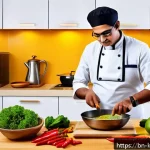 한식조리기능사 시험의 최신 동향 - A detailed kitchen scene showing a Bengali cook efficiently multitasking during a cooking exam. The ...