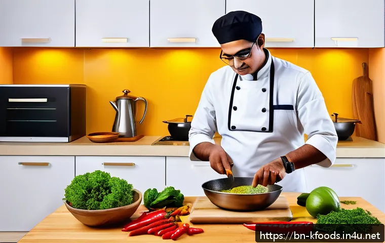 한식조리기능사 시험의 최신 동향 - A detailed kitchen scene showing a Bengali cook efficiently multitasking during a cooking exam. The ...